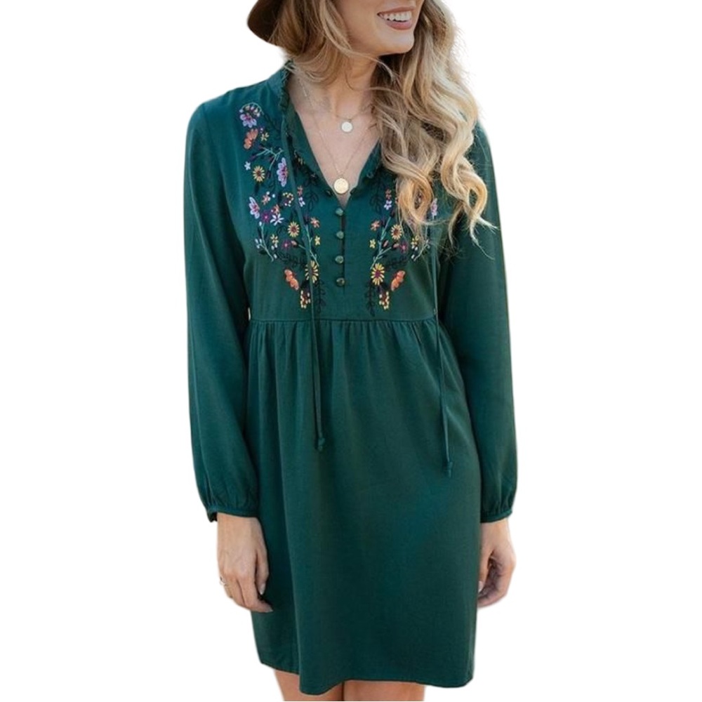 Grace & Lace Green embroidered Boho Coastal Cowgirl Mini Dress